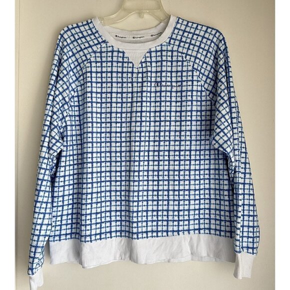 Champion Womens 1X Tie Dye Plaid Crop Crewneck Sweatshirt Blue Pullover Logo - Picture 1 of 6